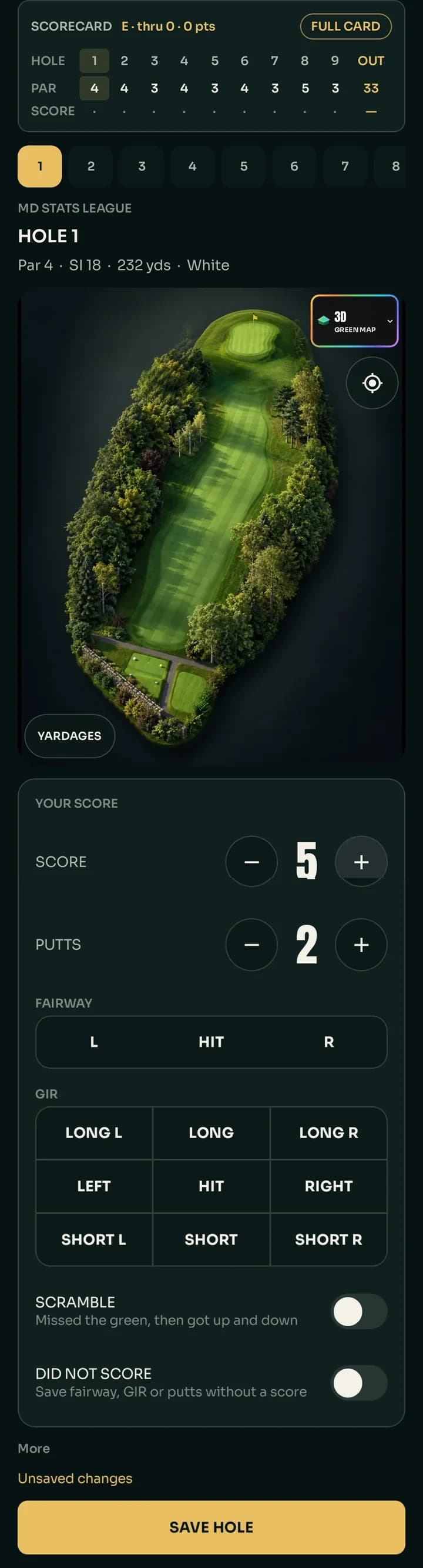 The live round screen: scorecard, hole picker, a 3D view of the hole, score and putts, fairway, green and scramble, and the save button