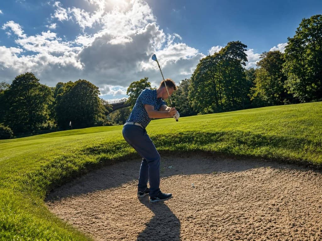 A golfer playing a bunker shot